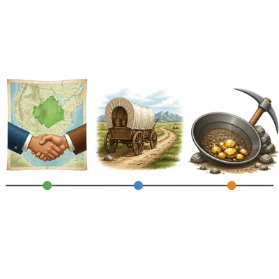 Three historical icons appear in sequence: land purchase, wagon trail, and gold discovery.