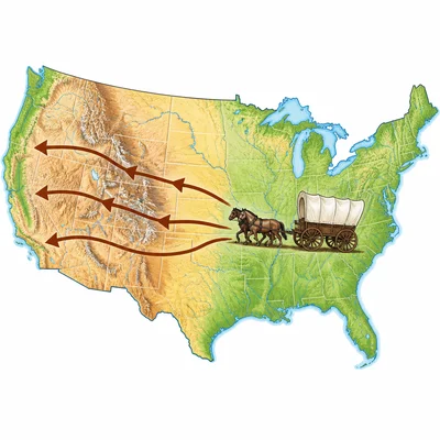 Map of the United States with arrows and a covered wagon moving west.