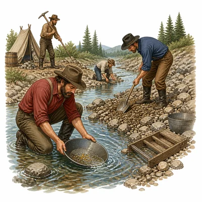 Gold miners panning and digging near a river during the Gold Rush.