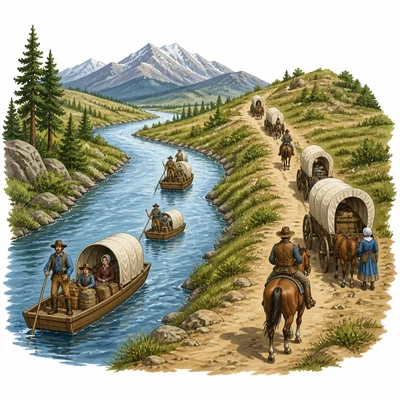 Settlers use a dirt trail and river route to travel west.