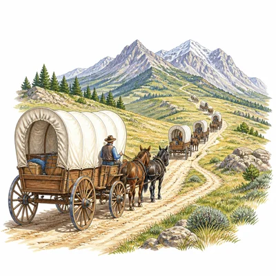 Covered wagon traveling along a long trail across plains and mountains.