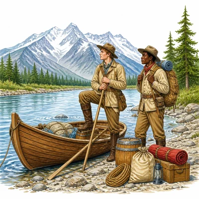 Two explorers with a boat and supplies near a river and mountains.