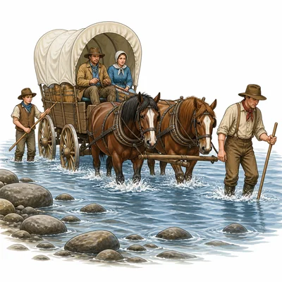Settlers guide a covered wagon across a river during a difficult journey.