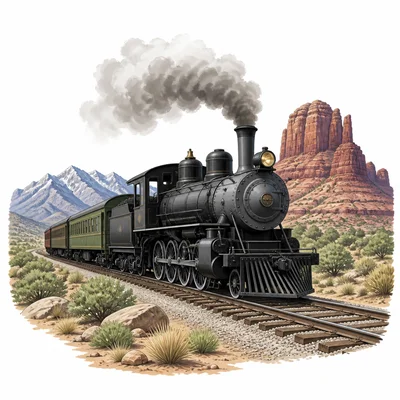 Steam train traveling on railroad tracks across the western landscape.