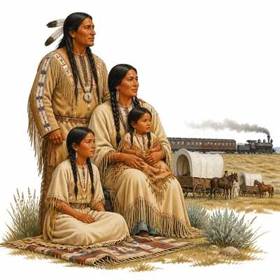 Native American family on the plains with wagons and railroad tracks in the distance.