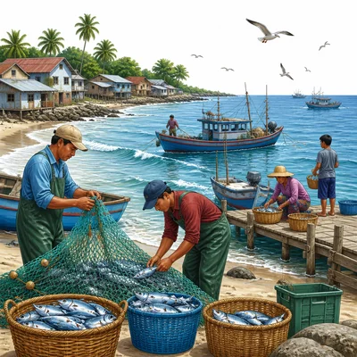 Coastal town with fishing boats, nets, and baskets of fish by the ocean.
