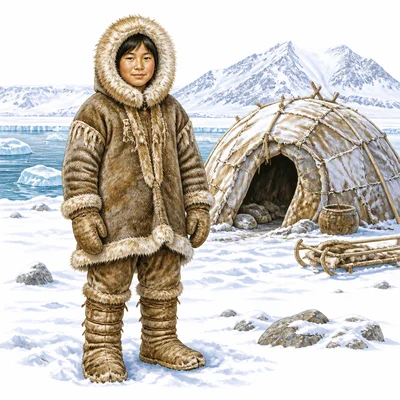Person in warm animal-skin clothing standing in a snowy Arctic landscape.