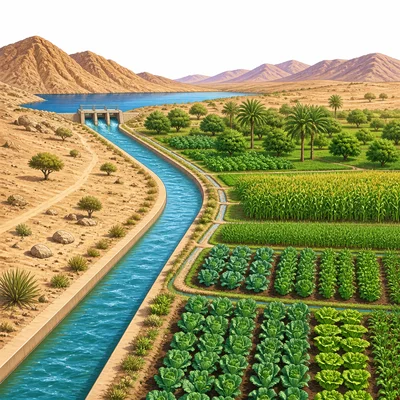 Water canal bringing irrigation to green fields in a dry landscape.