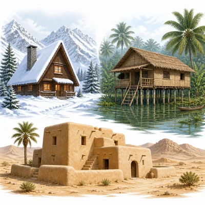 Different house designs shown in snowy, tropical wet, and desert climates.