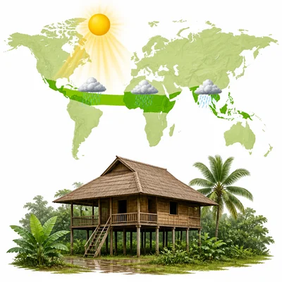 World map with a highlighted tropical belt and a raised stilt house with a wide roof.