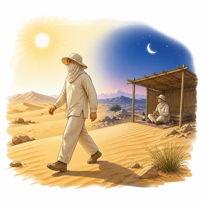 Person in loose clothing in a desert with sun, shade, and a cool night symbol.