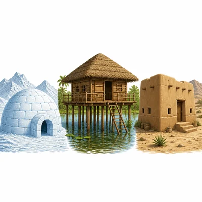 Three climate-adapted homes: an igloo, a stilt house, and a thick-walled desert house.