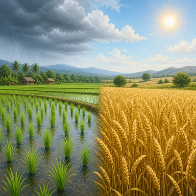 Rice growing in wet paddies beside wheat growing in dry grassland.