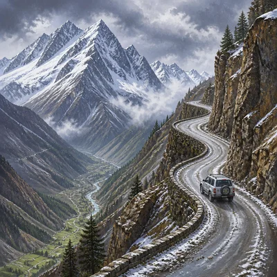 A winding mountain road with a vehicle traveling through steep snowy terrain.