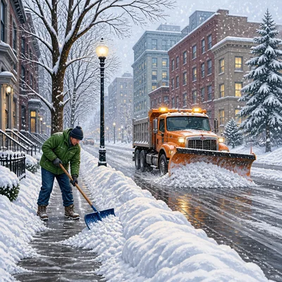 Snowy city street with a snowplow and a person clearing a sidewalk.