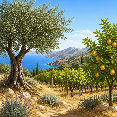 Mediterranean hillside with olive trees, grapevines, citrus fruit, and distant water.