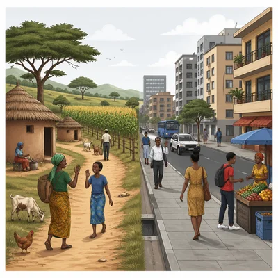 Side-by-side rural and urban African daily life scenes.