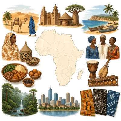 Collage showing varied African landscapes and cultural elements.