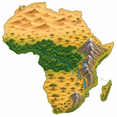Africa map showing desert, rainforest, savanna, and highland regions.