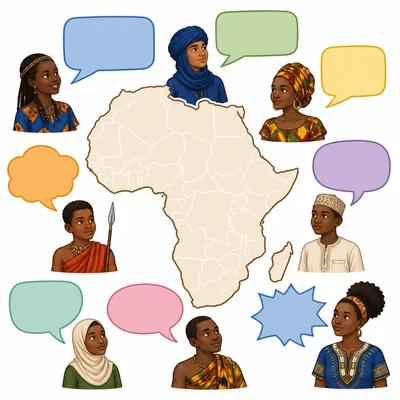 Africa outline with diverse people and many empty speech bubbles.