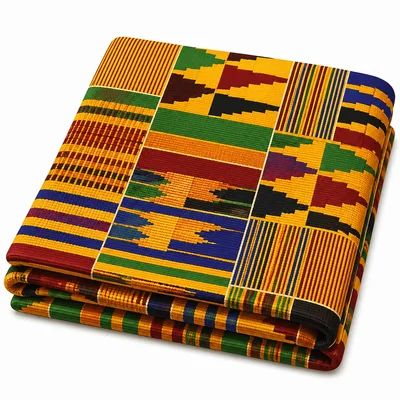 Bright geometric kente-style cloth pattern.