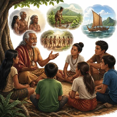 Elder telling stories to young listeners under a tree.
