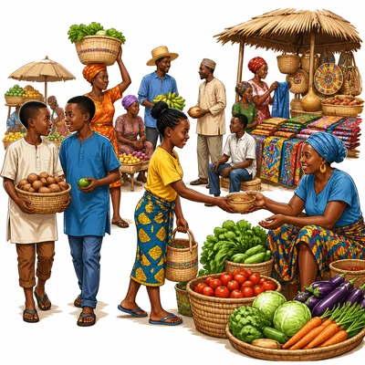 Open-air market with people buying, selling, and socializing.