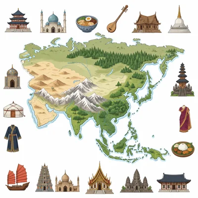 Unlabeled map of Asia showing varied landscapes and cultural icons.