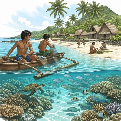 Pacific island community with canoes, fishing, homes, and ocean reef.