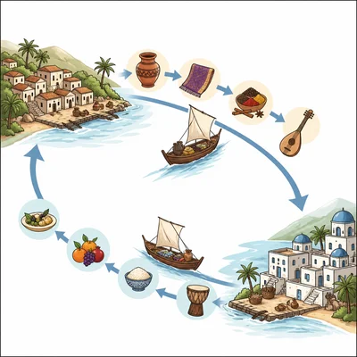 Boats carrying goods between communities to show cultural diffusion.