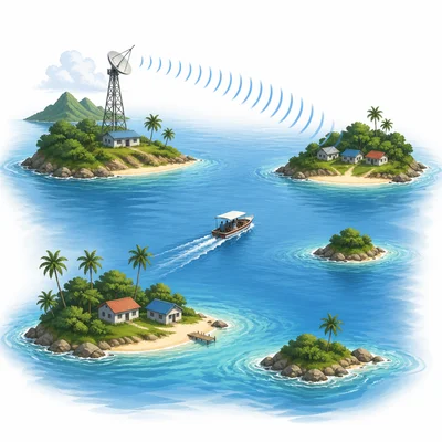 Island communities connected by boat travel and communication signals.