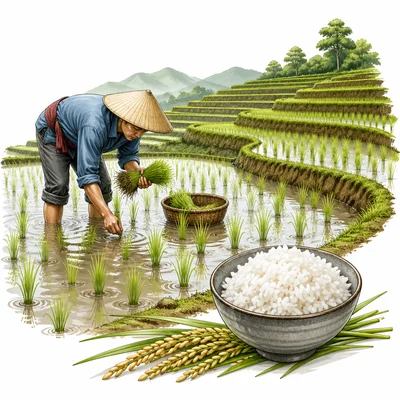 Rice paddies with a farmer planting rice and a bowl of rice nearby.