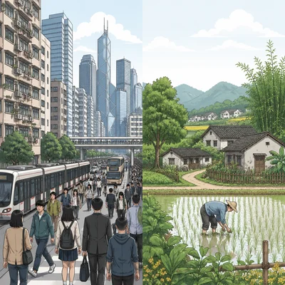 Side-by-side view of urban high-rises and a rural farming village.