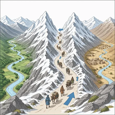 Mountain range with a trade route passing through a narrow mountain pass.