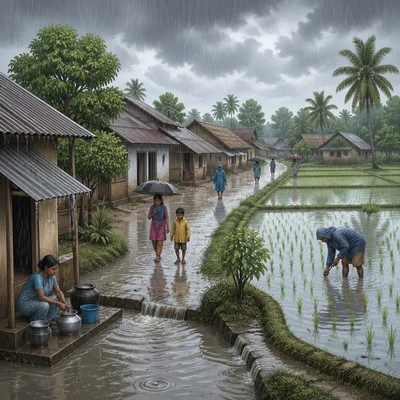A village and rice fields experiencing heavy seasonal monsoon rain.