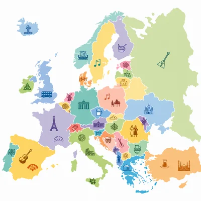 A simplified colorful map of Europe with cultural icons showing diversity across countries.