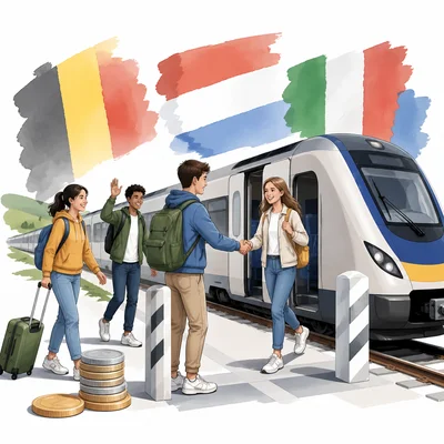 A train and travelers crossing an open border, showing connection between European countries.