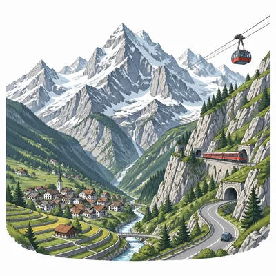 Snowy mountains with a valley village, road, fields, and transportation showing mountain influence on daily life.