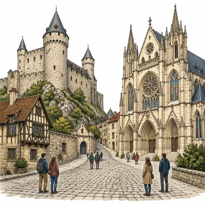 A European castle, cathedral, and cobblestone street representing historic landmarks.