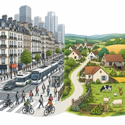 A comparison of a busy European city and a quiet rural village with farmland.