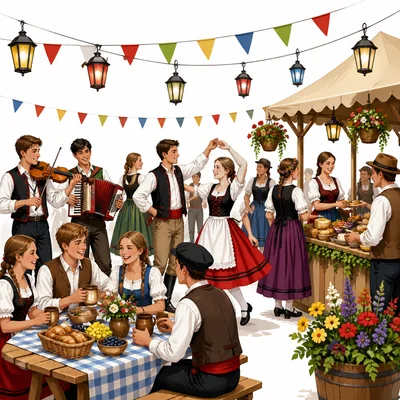 People celebrating a European festival with traditional clothing, music, decorations, and food.