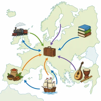 An unlabeled map of Europe with arrows and icons showing trade, travel, and cultural exchange.