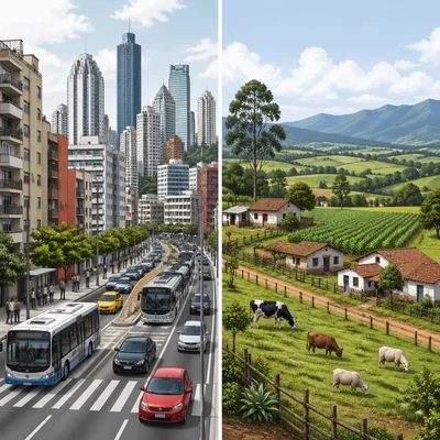 Side-by-side comparison of a large city and a rural farming area.