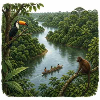 Amazon Rainforest scene with river, dense trees, wildlife, and people in a canoe.