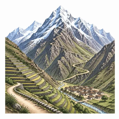 Andes Mountains with terraces, a village, and a path through the mountains.
