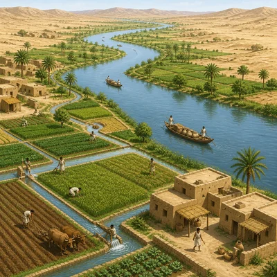 A river valley with farms, canals, boats, and early houses showing how rivers supported civilizations.