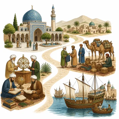 Scholars, merchants, ships, and a mosque show cultural and trade connections during the spread of Islam.