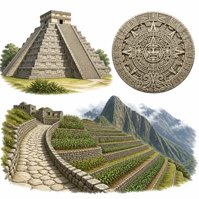 A stepped pyramid, carved calendar stone, and mountain terraces show achievements of Maya, Aztec, and Inca civilizations.