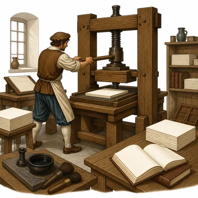 A worker operates an early wooden printing press with paper and books nearby.