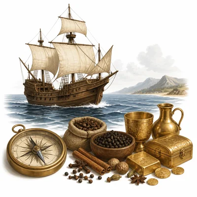 A sailing ship, compass, coastline, and trade goods represent European exploration.
